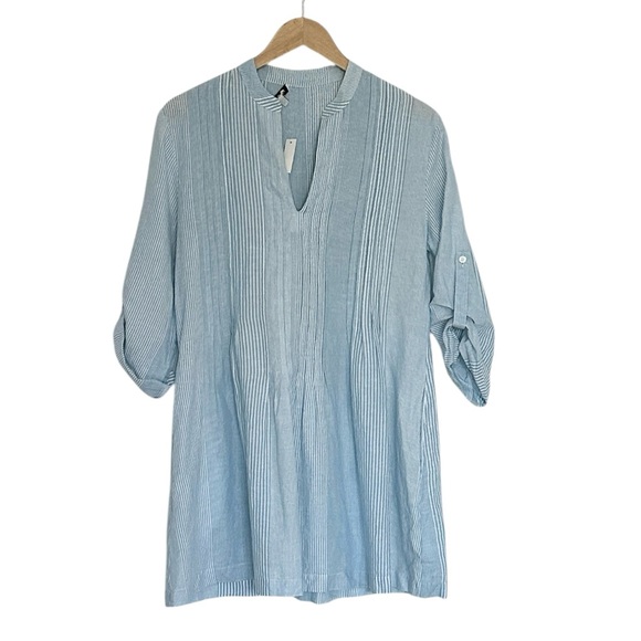 NEW MADEWELL Pleated Splitneck Mini Shirtdress Blue & White Multi Stripe Size XS - Picture 4 of 9